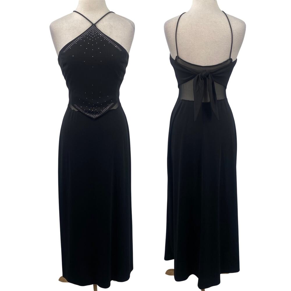 Vintage 90s Y2k Dave & Johnny Beaded Halter Neck Gown Sheer Tie Back Black 8